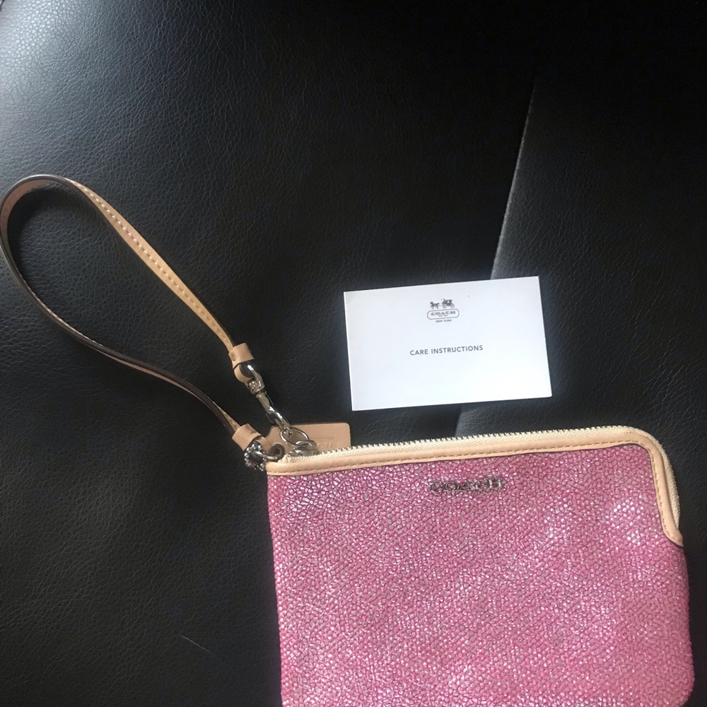 Coach Pink Glitter Wristlet Pouch with Leather Trim, Never used